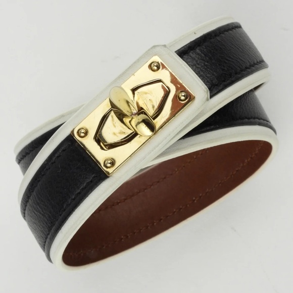 Givenchy - Shark Tooth Black/White Leather Gold Twist Lock Double Wrap Bracelet - Picture 2 of 8